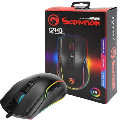 Marvo Scorpion G943 RGB, up to 10000 dpi, 6 Programmable Buttons, Pixart 3325 Optical Sensor 100g Weight Gaming Mouse - Black Marvo Scorpion G943 RGB, up to 10000 dpi, 6 Programmable Buttons, Pixart 3325 Optical Sensor 100g Weight Gaming Mouse - Black